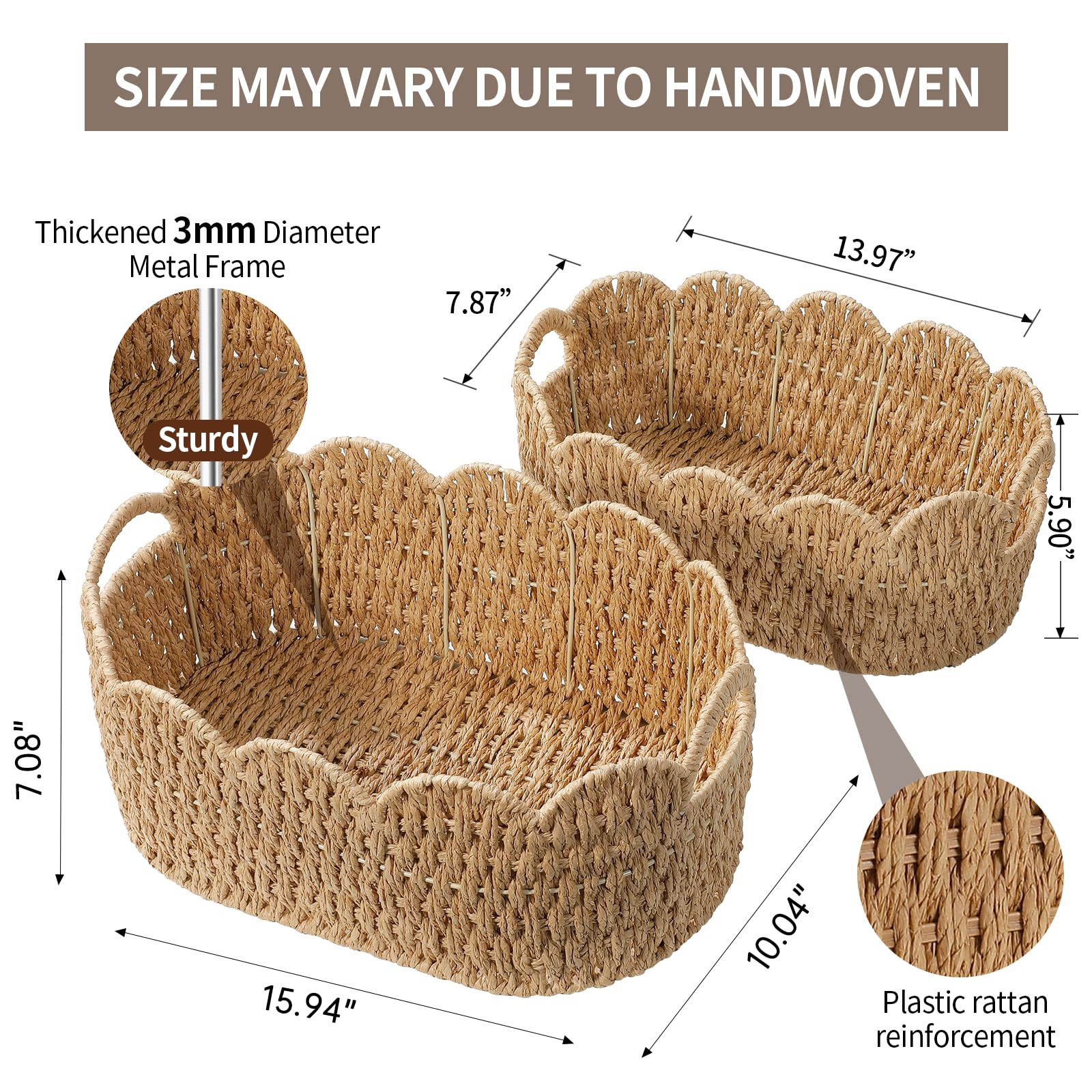 Coeusy Juego de 2 cestas festoneadas de cuerda de papel, cestas de almacenamiento de mimbre para estantes, regalos, libros, juguetes, bonitas cestas de ratán para organizar, color natural