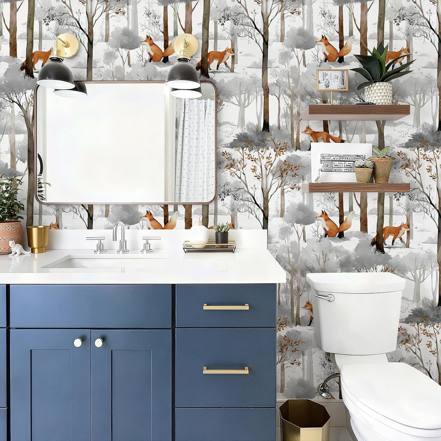 Watercolor Winter Forest Fox Wallpaper Peel and Stick Removable 17.7" x 118.11" Soft Natural Snowscape Wall Paper Self Adhesive for Classroom Bedroom Laundry Room Bathroom