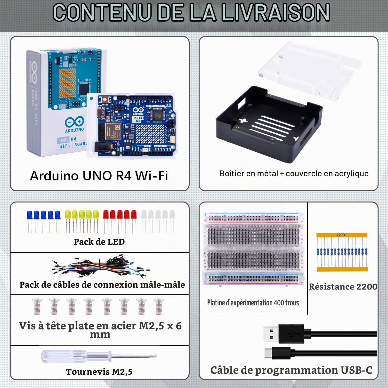 GeeekPi Kit de démarrage étudiant pour Arduino UNO R4 WiFi, avec Carte Officielle UNO R4 WiFi, Boîtier en métal avec Couvercle en Acrylique Transparent, Platine d'essai 400 Trous, USB-C Câble