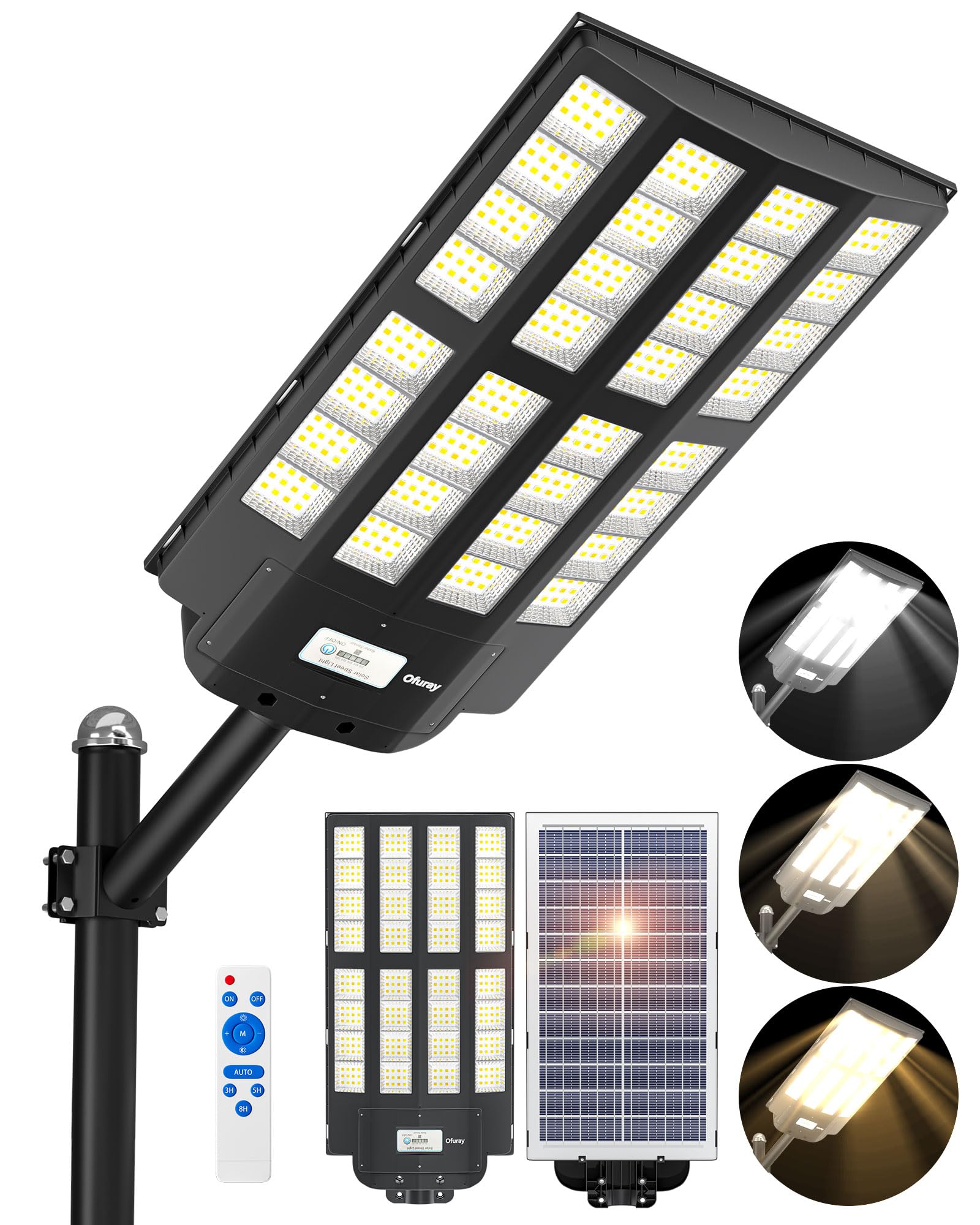 Ofuray Of-6200W Solar Straßenlaterne für Außen, 3000K/4000K/6500K LED Solarstrahler mit Bewegungsmelder, IP67 Wasserdicht Solarlampen für Außen mit Fernbedienung für Straßen, Höf, Garage