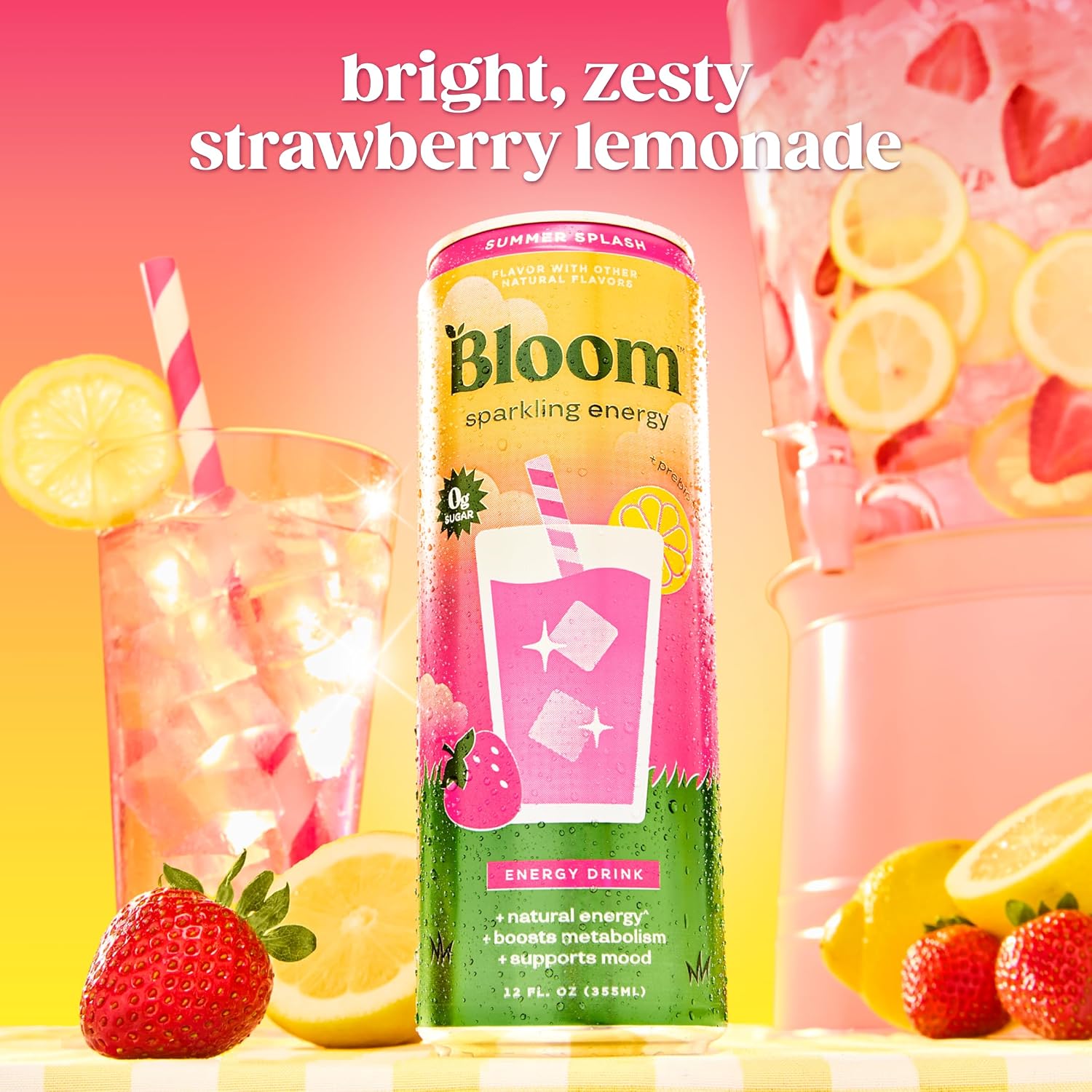 Bloom Nutrition Sparkling Energy Drink - Natural Caffeine, Zero Sugar, 180mg Caffeine - Antioxidant-Rich with Green Coffee Bean, Green Tea Extract, Prebiotics - Summer Splash - 12oz 12 Pack