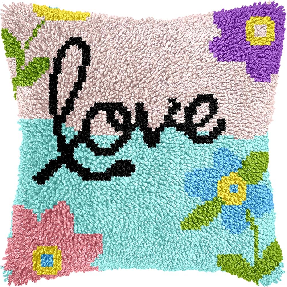 Cozykeke Love Latch Hook Kit,DIY Pillow Cover Cushion Craft Kits with Pre-Printed Canvas for Adults and Beginners, Suitable for Home Decor and Festival Gift 17 * 17in (BX1057)
