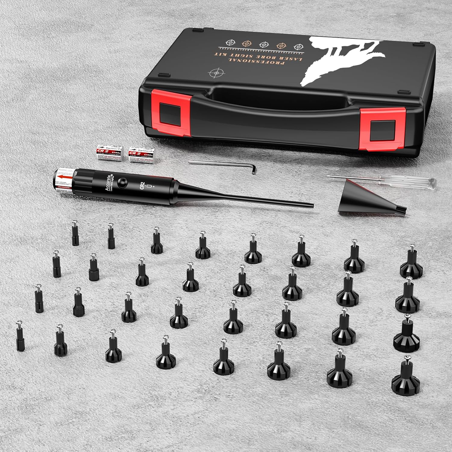 Bore Sight Laser, Professional Red Laser Bore Sight Kit with 32 Adapters, Fit 0.17 to 12GA Calibers, Multiple Caliber Red Bright Laser Bore Sighter Powerful Support for All Gun, Rifle, Pistol