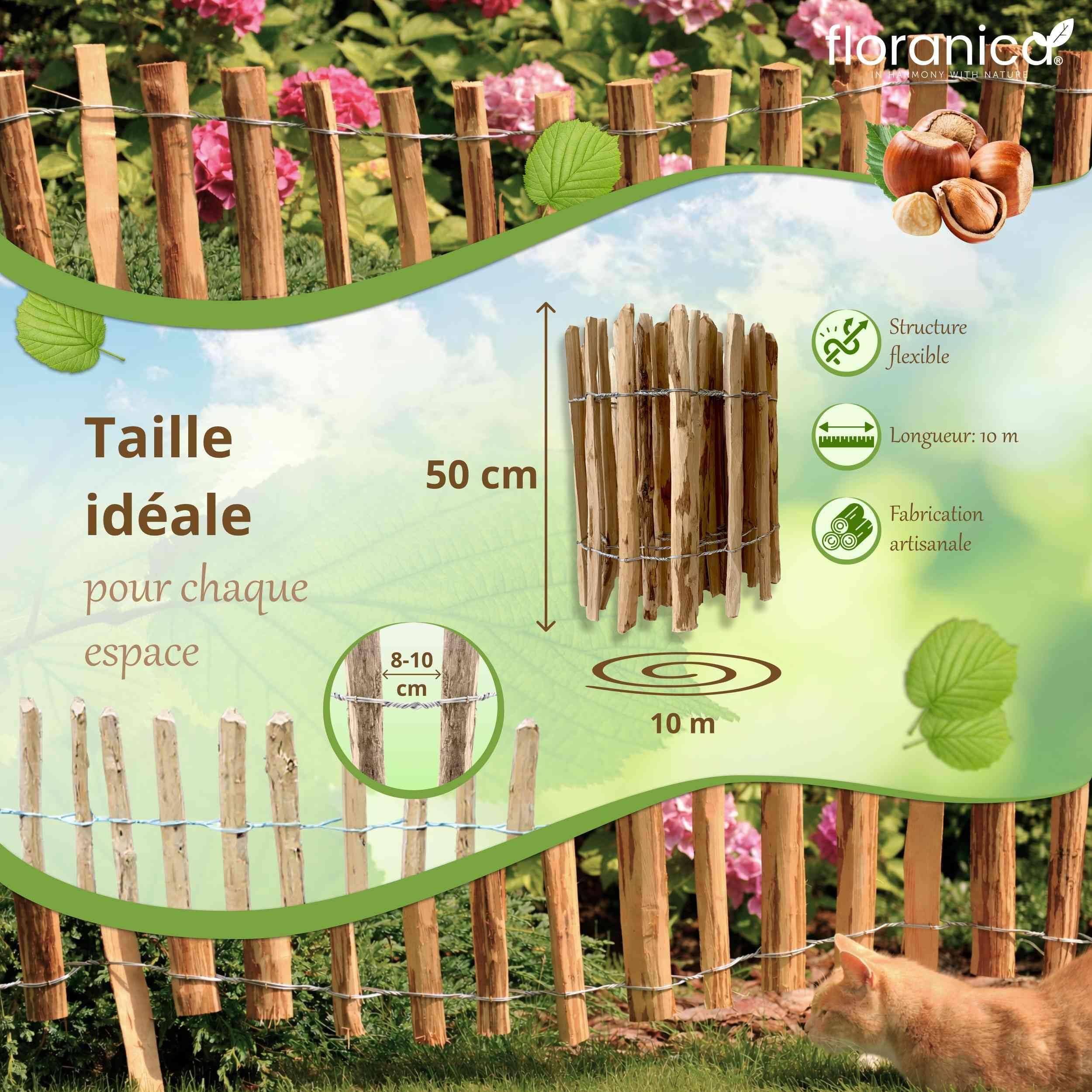 Floranica clôture en noisetier châtaignier 10 m x 50 cm de hauteur, écart entre les lattes 8-10 cm, bordure de jardin