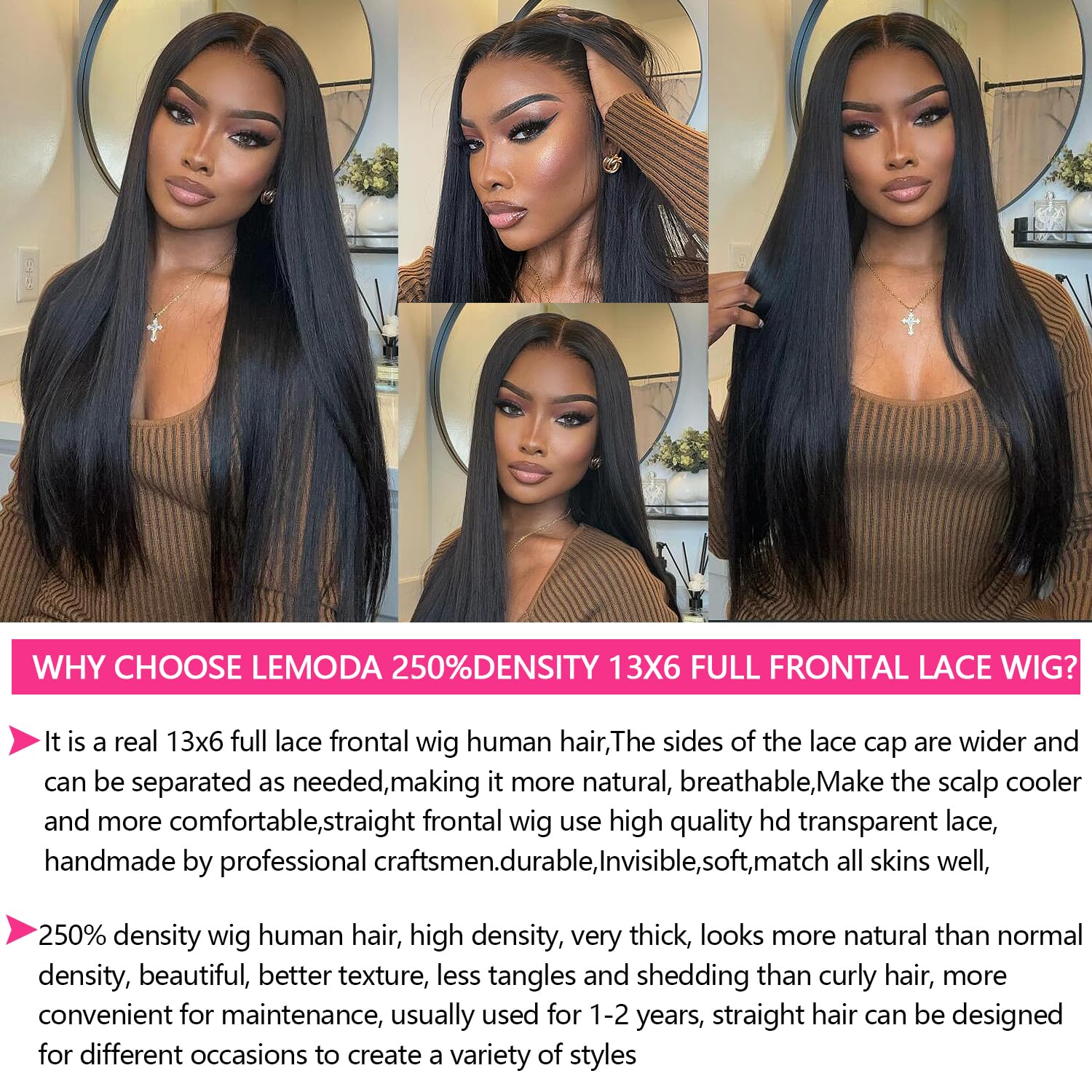 Lemoda 30inch 250% Density 13x6 Full Lace Frontal Wigs Brazilian 12A Virgin Human Hair Wig HD Transparent Lace Wig 13x6 Full Lace Straight Wigs Human Hair for Black Women