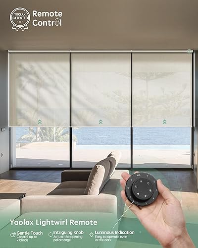 Vista 33 de Yoolax Persiana solar motorizada con control Romote para filtrar la luz, persianas enrollables con visión transparente (gris)