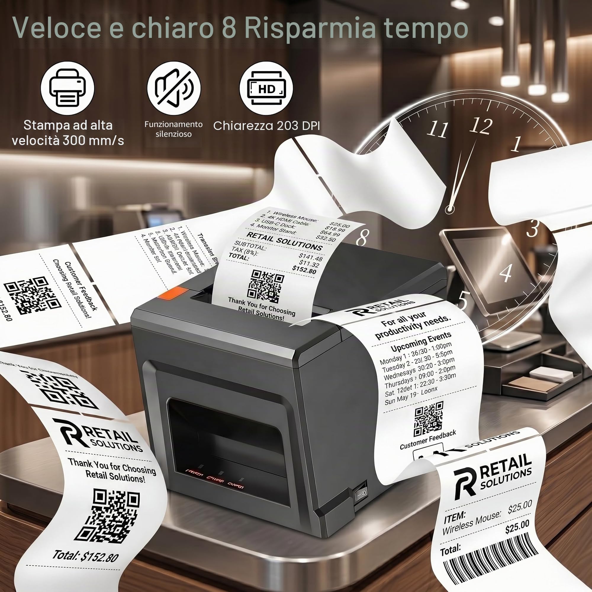 Stampante termica USB da 80 mm per ricevute di cassa – velocità massima di 300 mm/s, alimentazione auto, facile configurazione Windows per gastro e vendita al dettaglio (POS)