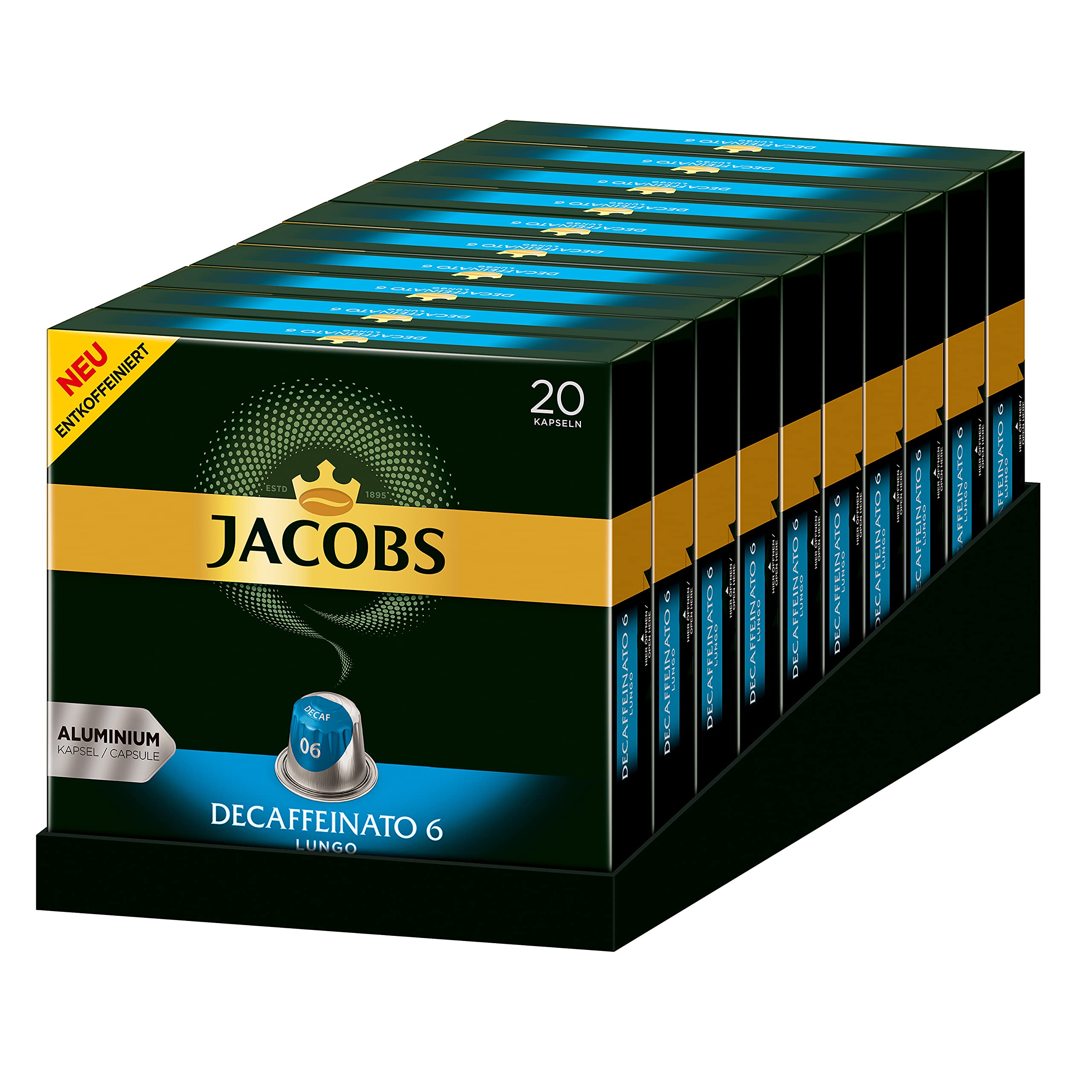 Jacobs Kaffeekapseln Lungo Decaffeinato- Intensität 6, 10er Pack, 10 x 20 Getränke & Kaffeekapseln Lungo Intenso, Intensität 8 von 12, 200 Nespresso®* kompatible Kapseln, 10 x 20 Getränke