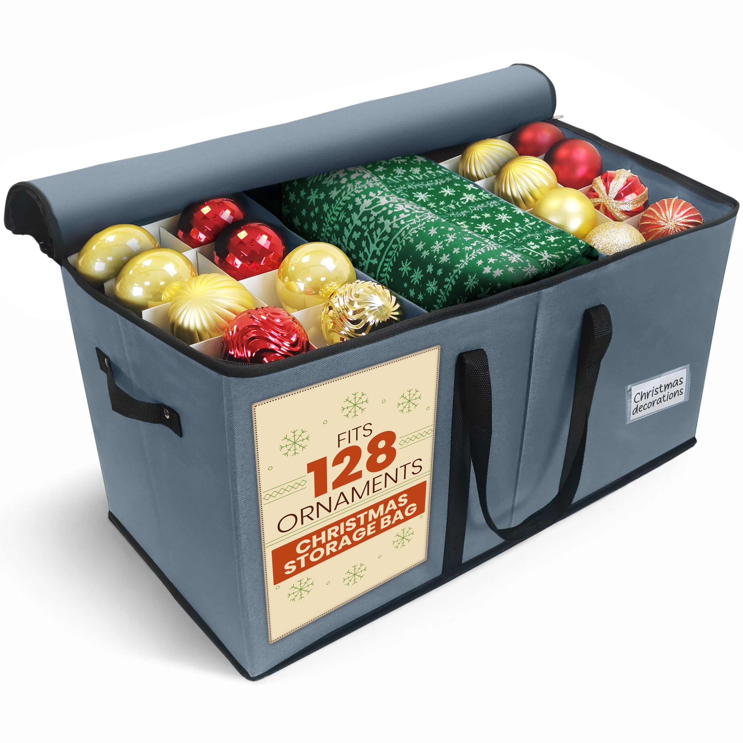 Pelle & Sol Grey Christmas Bauble Storage Box - Ornament Storage With Dividers - Holds 128 Ornaments Christmas Decorations - Tear-Proof Fabric, Sturdy, & Multipurpose - Christmas Decoration Storage (Grey)