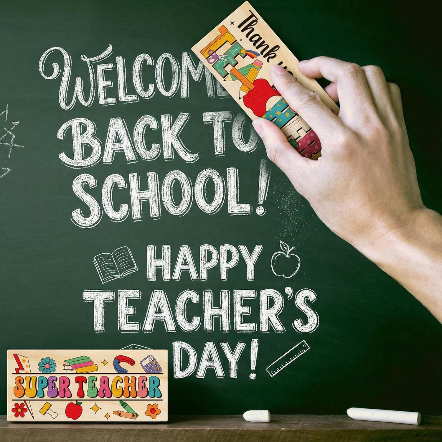 Gueevin 12 Set Teacher Appreciation Gifts Include Wood Chalkboard Eraser Black Ink Ribbon Marker Teachers Week Gift from Student End of The Year Gifts for Back to School Classroom Accessory
