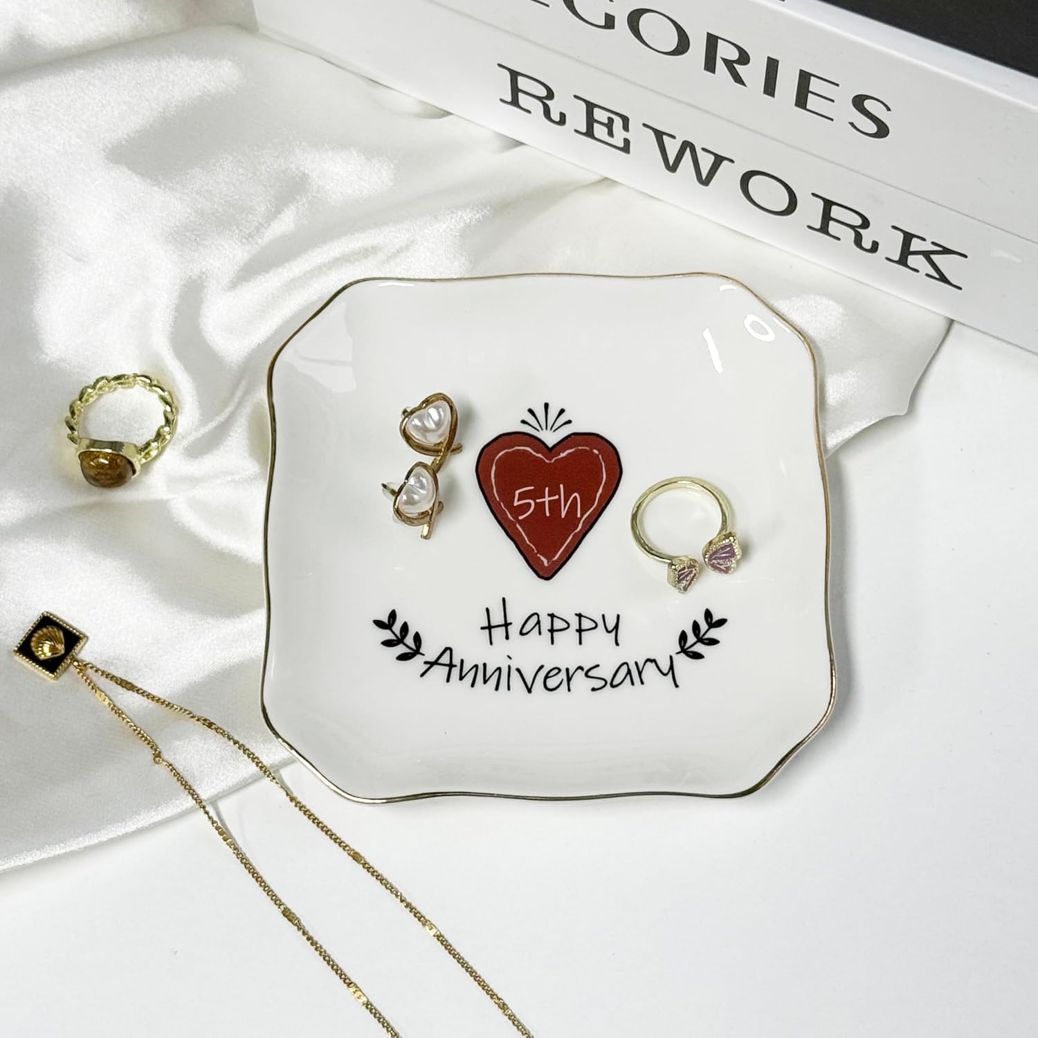 5th Anniversary Present for Women Small Jewelry Dish 5 Year Wedding Aniversario Gifts Ideas for Him Her Wife Boyfriend GF Husband, Ceramic Ring Holder Trinket Dish Gift for Her image 5