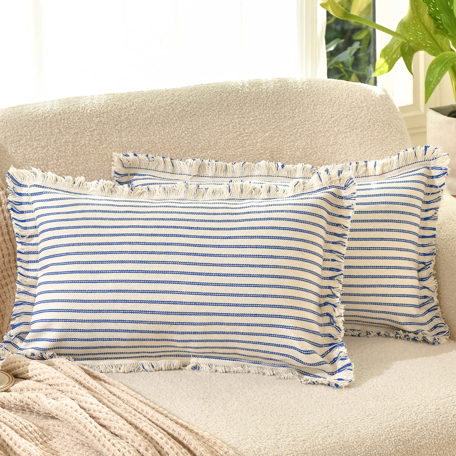 ZWJD Throw Pillow Covers 12x20 Set of 2 Striped Pillow Covers with Fringe Chic Cotton Decorative Pillows Square
