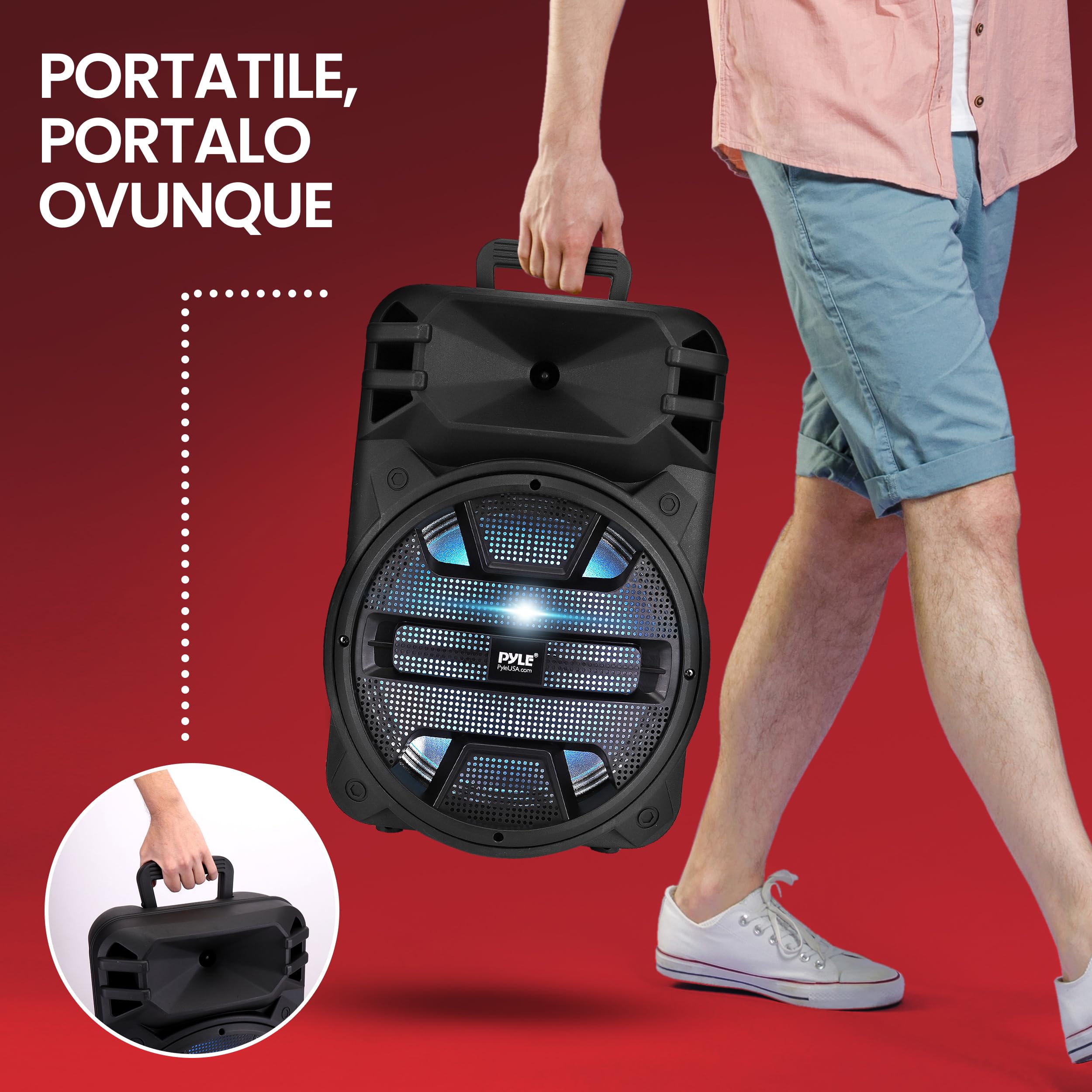 Pyle Cassa Bluetooth Portatile 30 Centimetri, 800 Watt, Karaoke con Luci LED DJ, USB/FM/BT/Aux, Telecomando, Ingressi Microfono e Batteria Ricaricabile