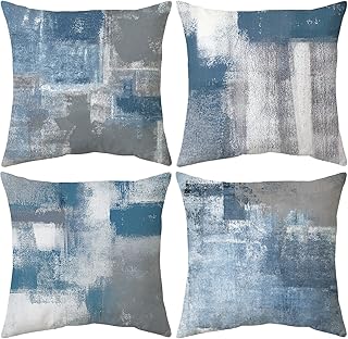 Set of 4 Blue and Grey Abstract Art Artwork Pillow Cover 18 x 18