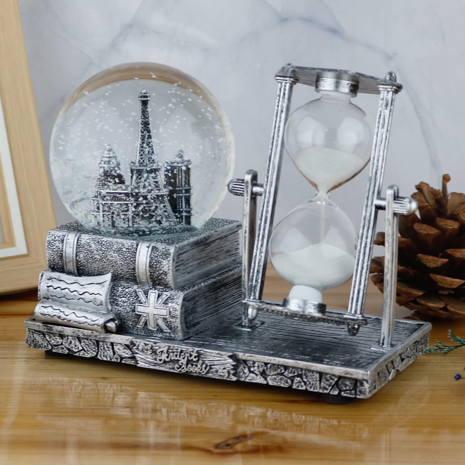 LED MusicCrystal Snow Globe， Sand Timer ，Hourglass,Home Decor,Table Decor for Living Room ，Office Desk Decorations[ Silver Tower]