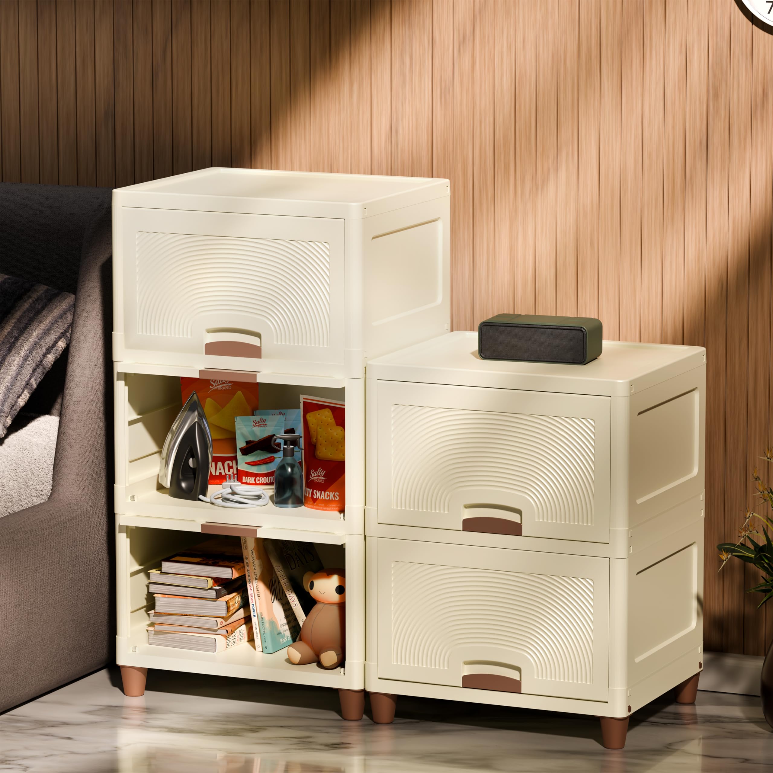 Amazon Basics Multi-Purpose Large Organizer | Modular Storage Box for Clothes, Kitchen, Bedroom & Living Room | Stackable Rack, Space-Saving Wardrobe Cabinet (Off White), 5 Piece, 37.5LX44.7WX27H cm-image-34