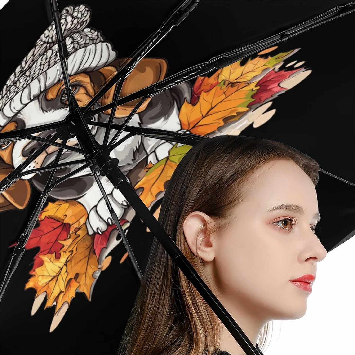 Autumn Leaves - Basset Hound Windproof Travel Umbrella Compact Portable Automatic Umbrella for Sun Rain