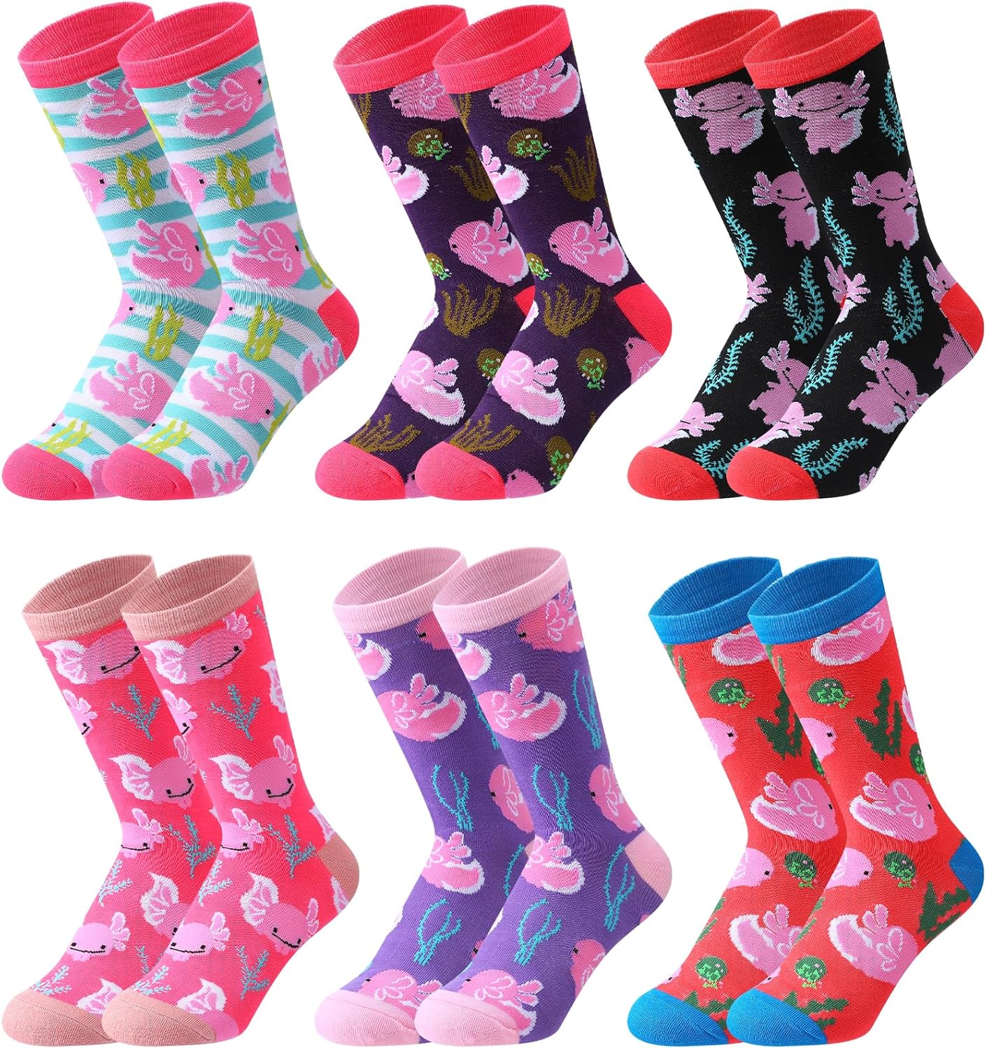 Bonuci 6/12 Pairs Axolotl Socks Gift for Women Pink Cute Socks Bulk for Axolotl Lover Funny Casual Gifts - Image 7