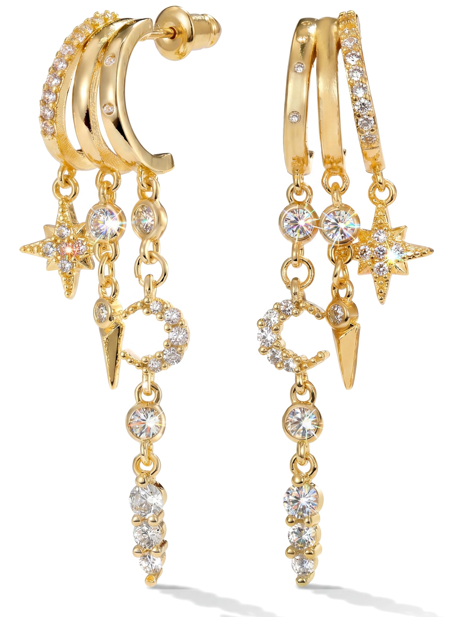 Boucles d'Oreilles Cercles MUMREUES Plaqué Or 14K avec Franges en Zircon et Pendentif étoile et lune