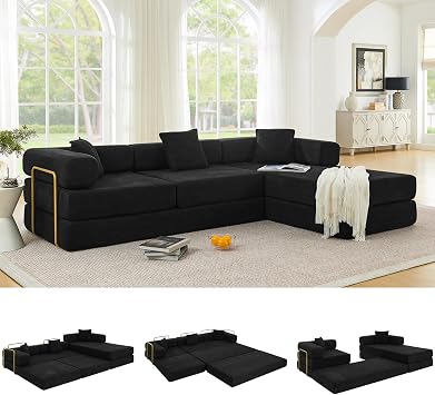 ivoros 108" Oversized Convertible Sleeper Sofa Bed, Corduroy L Shape Sectional Couch, Folding Sofa Bed with Fixed-Shape Frame, Modern Cloud Floor Mattress Couch, Modular Sofa for Living Room, Black