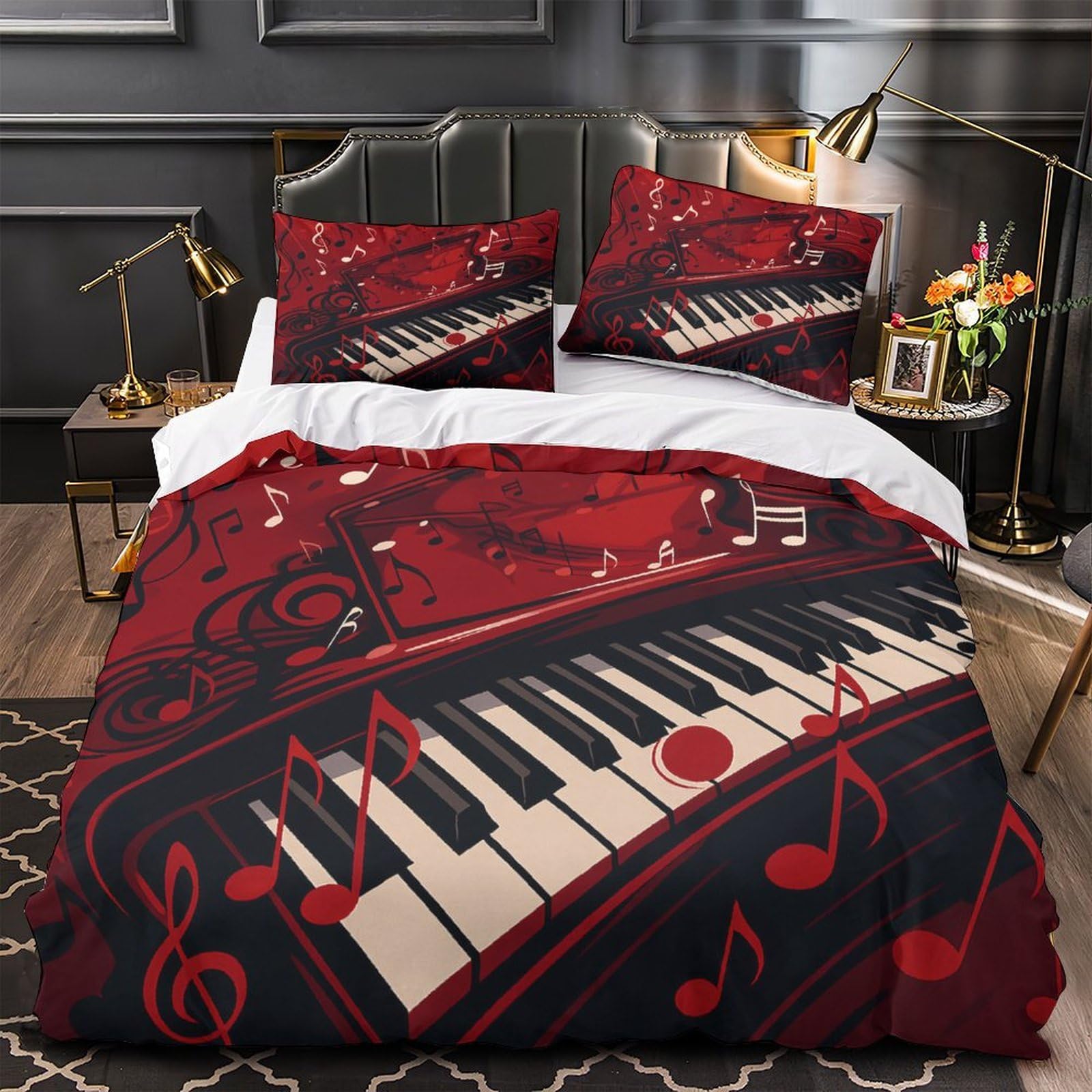 Housse de Couette Piano Microfibre 3D Parure de Lit Notes de Musique 140x200