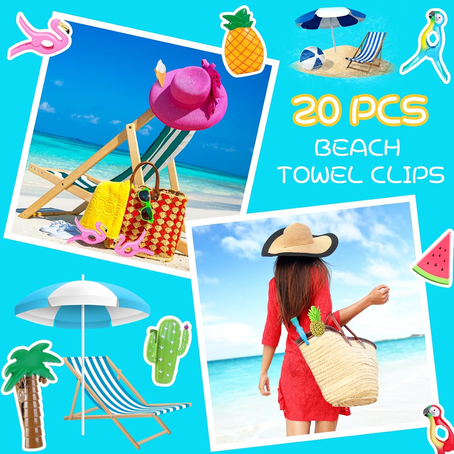 20 Pcs Beach Towel Clips, Beach Chair Clips for Towels Flamingo Parrot Clothes Pins Palm Tree Pineapple Beach Towel Holders Colorful Towel Clips Beach Clips for Chairs Cruise Patio Beach Pool Home