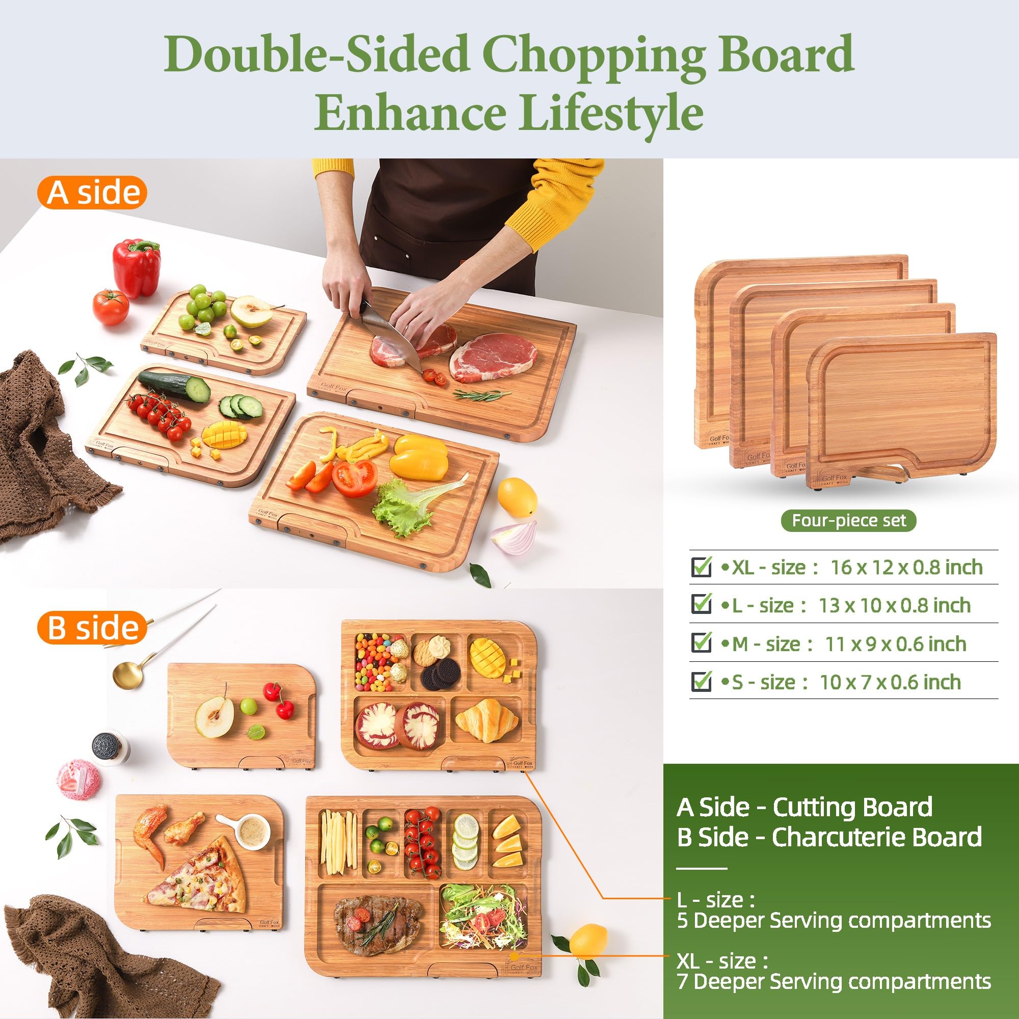 Golf-Fox Juego de 4 tablas de cortar de bambú para cocina, tabla de cortar de madera con soporte, doble cara: tabla de cortar y tablas de embutidos. Ideal para pan, queso, pizza, carne, fruta, pasta