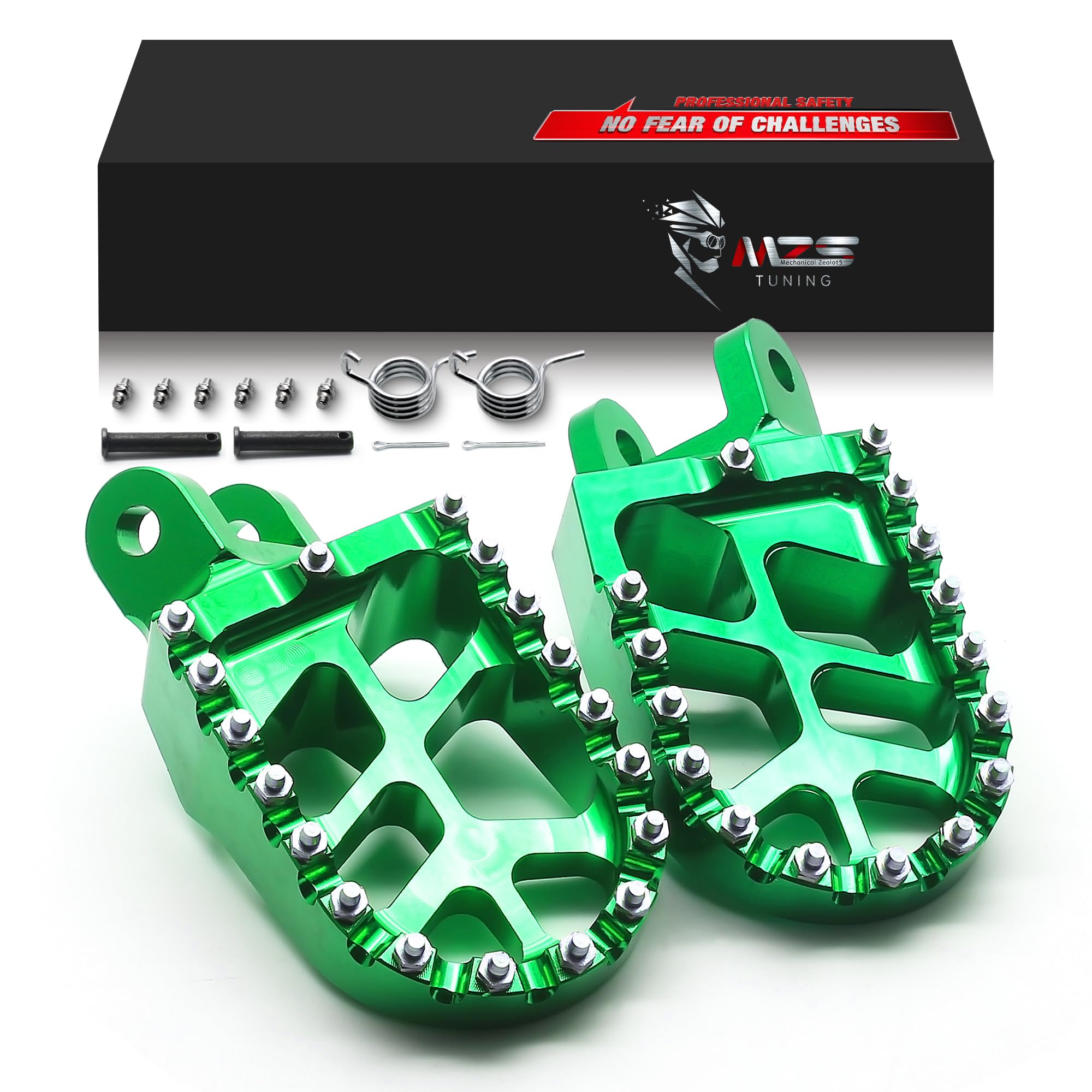 MZS Dirt Bike Foot Pegs, Green Aluminum Non-Slip Skeleton Grid Wide Pedals