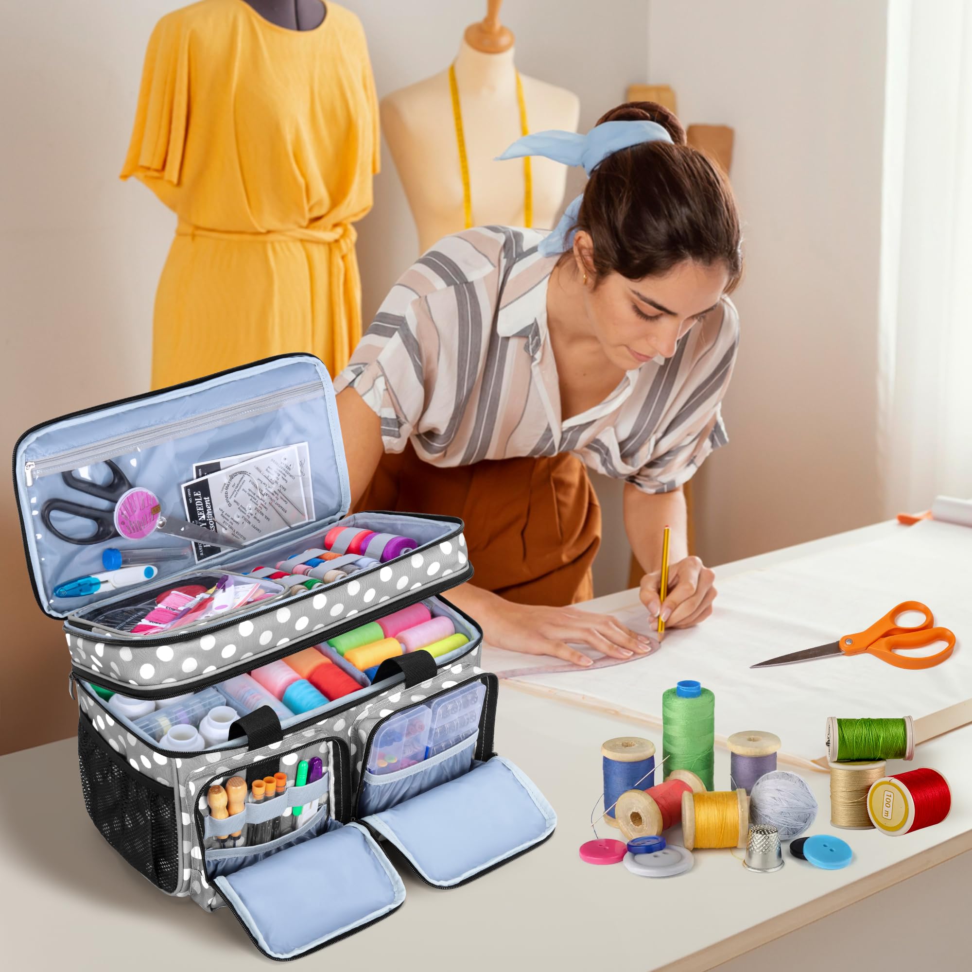 BAFASO Sac pour Kit de Couture, Boite a Couture Double Couche, Points Gris | Organisateur pour Accessoire Couture avec 1 Pochette et des Séparateurs Amovibles, (Aucun Accessoire)