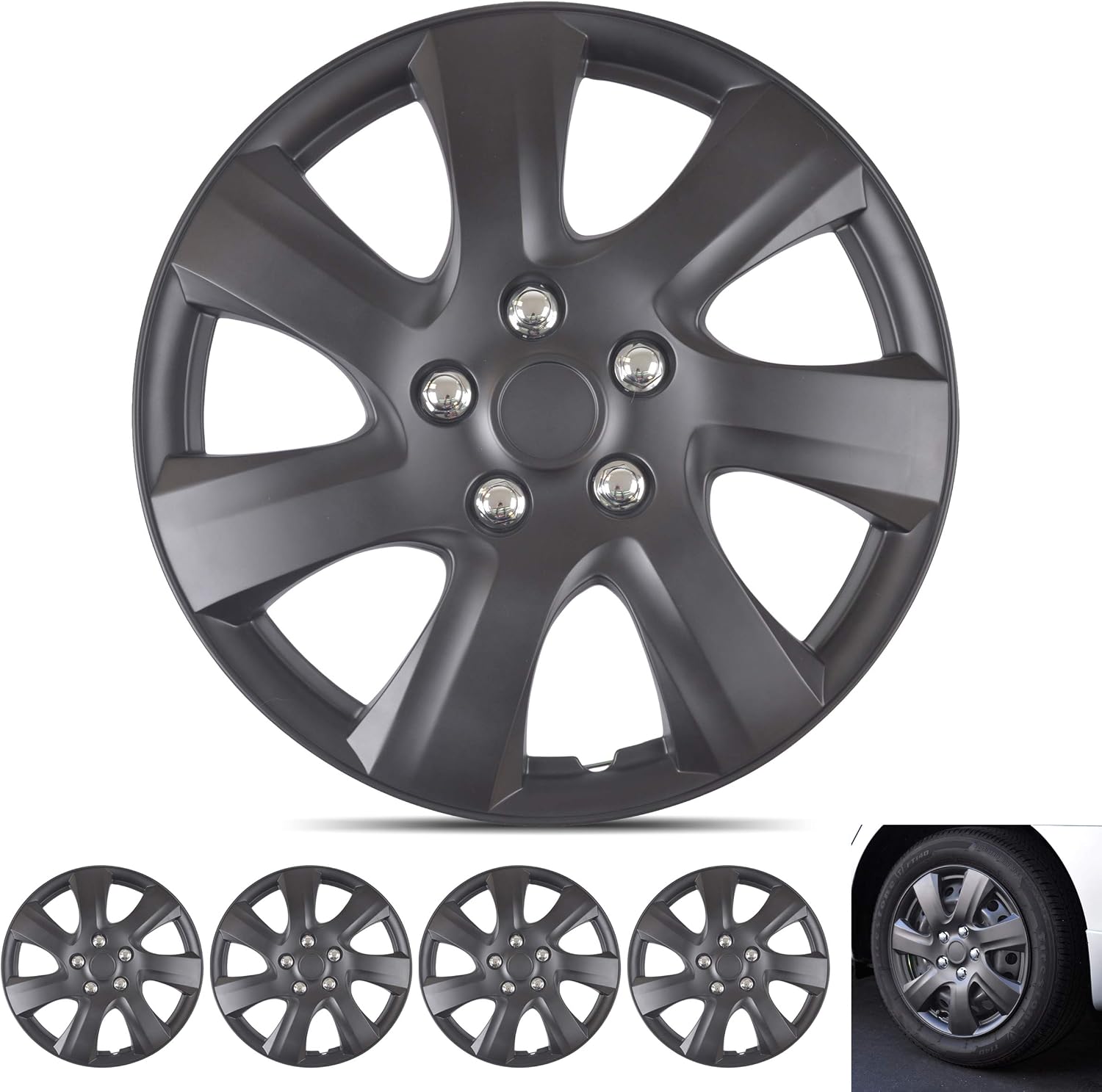 BDK Wheel Guards – (4 Pack) Hubcaps for Car Accessories Wheel Covers Snap Clip-On Auto Tire Rim Replacement for 16 inch Wheels 16” Hub Caps