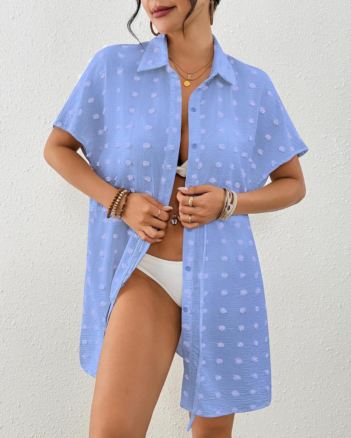 Bsubseach Women's Swimsuit Coverup Swiss Dot Button Down Drawstring Beach Shirt Dress 2026 Resort Wear Bathing Suit Cover Up