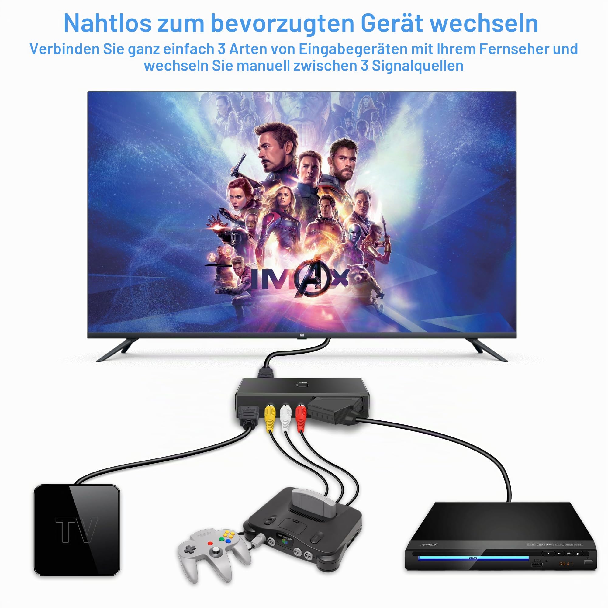 uhddadi scart auf HDMI Konverter, AV auf HDMI Adapter 3 in 1 Ausgang, Unterstützung (RCA + SCART + HDMI Eingang) HDMI Ausgang Unterstützung 4K@30Hz 1080P