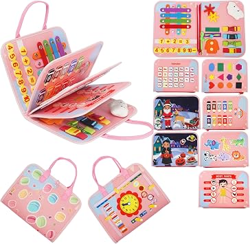 Busy Board for Toddlers, Montessori Sensory Toy with Fine Motor Activities, Travel Activity Book for Airplane and Car, Educational Learning Gift for Boys and Girls