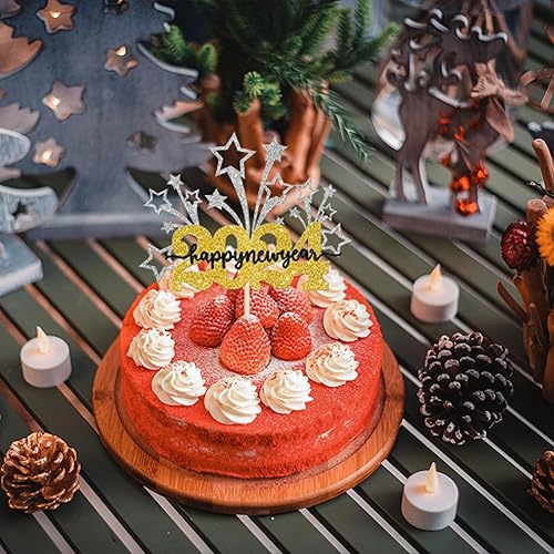 Miniatura 5 de 1 paquete de decoración de pastel de Año Nuevo 2024 con purpurina de fuegos artificiales Hola 2024 Año Nuevo, decoración para tartas de bienvenida