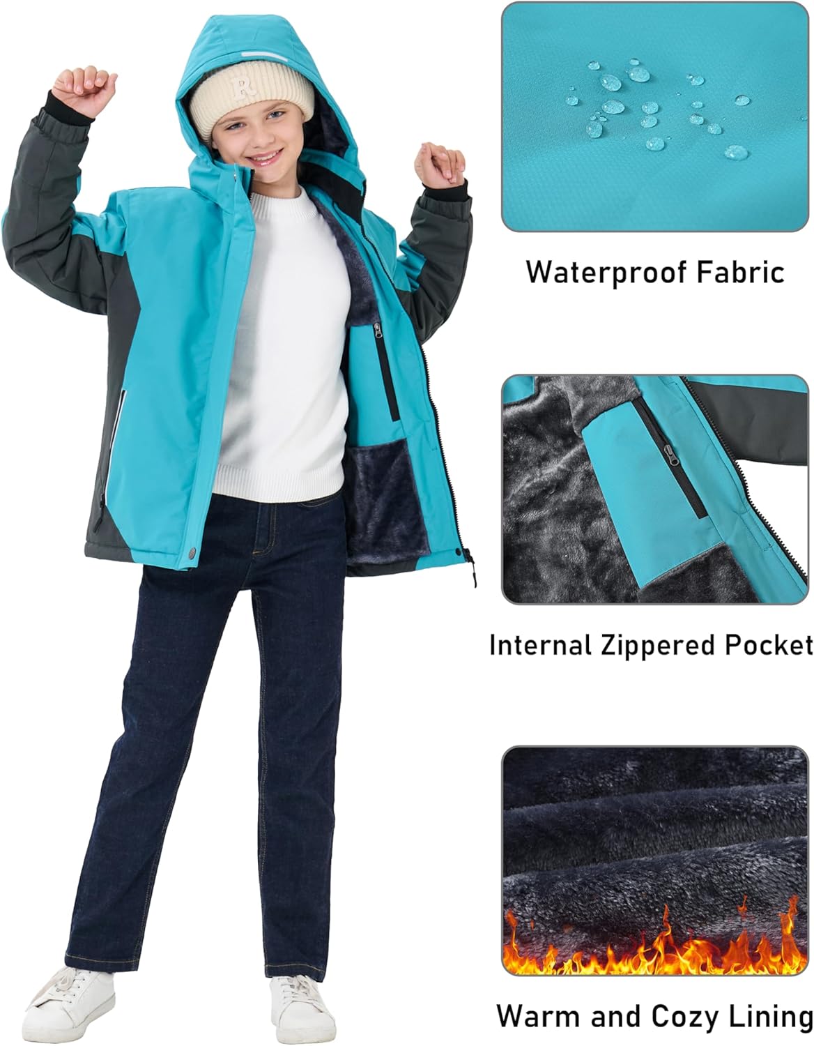 MoFiz Girls Ski Jacket Waterproof Fleece Lined Snowboard Jacket Warm Winter Snow Coats with Removable Hood - Image 4