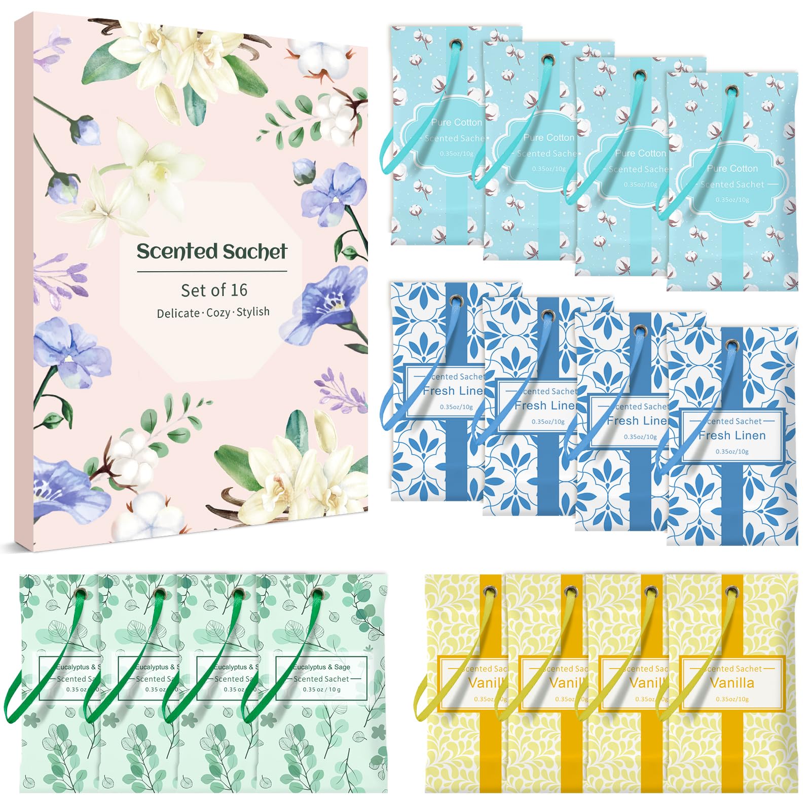 LASENTEUR Scented Sachets 16 Pack, Fresh Linen, Cotton, Vanilla & Eucalyptus Sage, Fragrance Sachets for Drawers, Wardrobes, Closets, Bedroom, Office, Car, Suitcase and Sports Bag