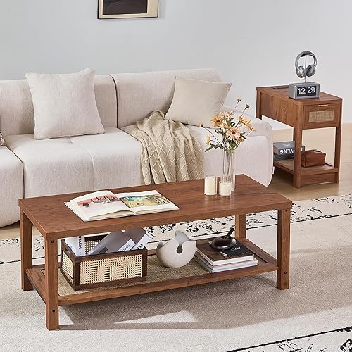 Miniatura 6 de Lerliuo Mesas de centro boho para sala de estar, mesa central de ratán con estante de almacenamiento abierto, color marrón té Marrón Té.,Madera