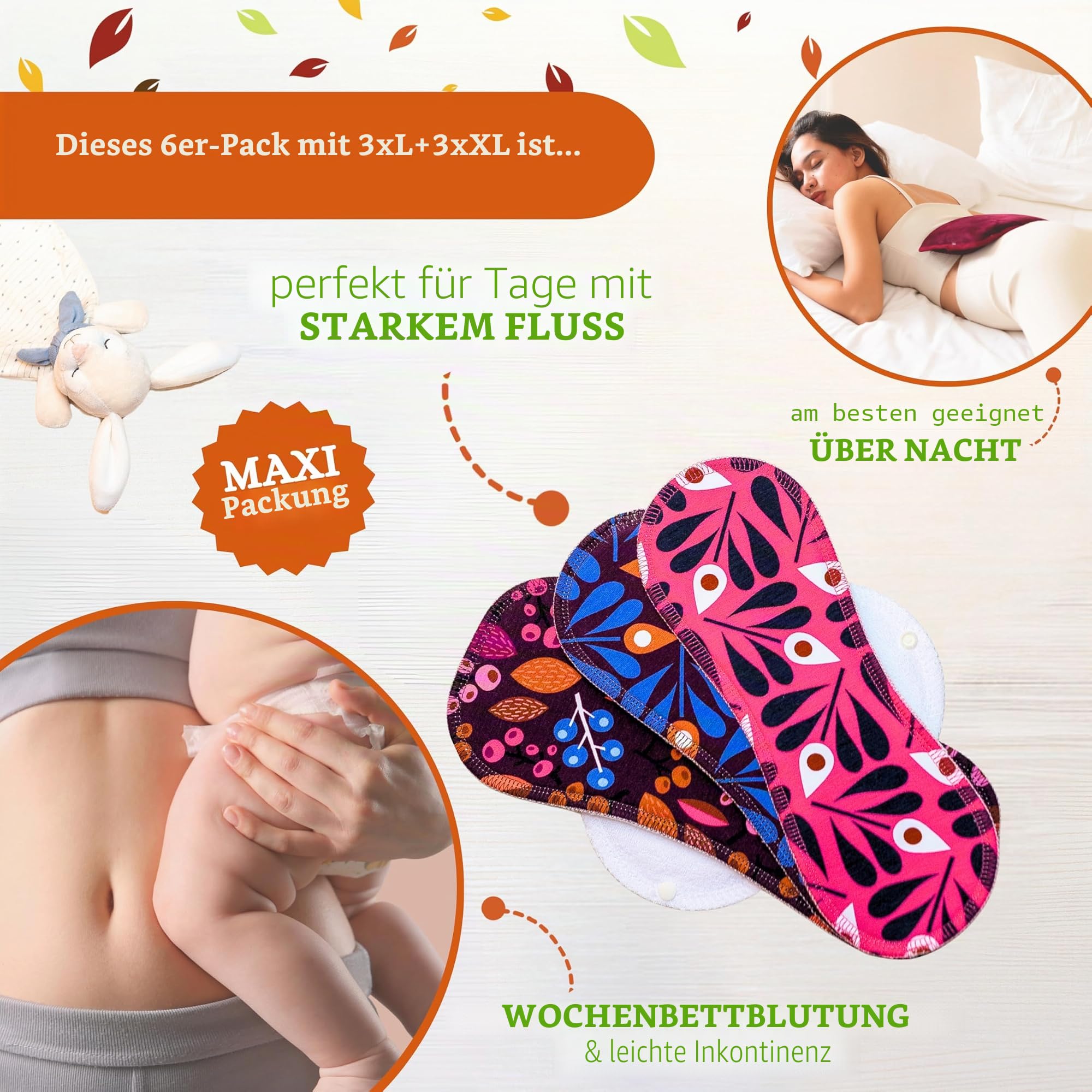 Made in EU – Waschbare Stoffbinden aus Bio-Baumwolle, saugstark für starke Tage & Inkontinenz (6er Set L+XL) – Dünn, atmungsaktiv & mit sicherem Halt; wiederverwendbare Periodenbinden für Frauen