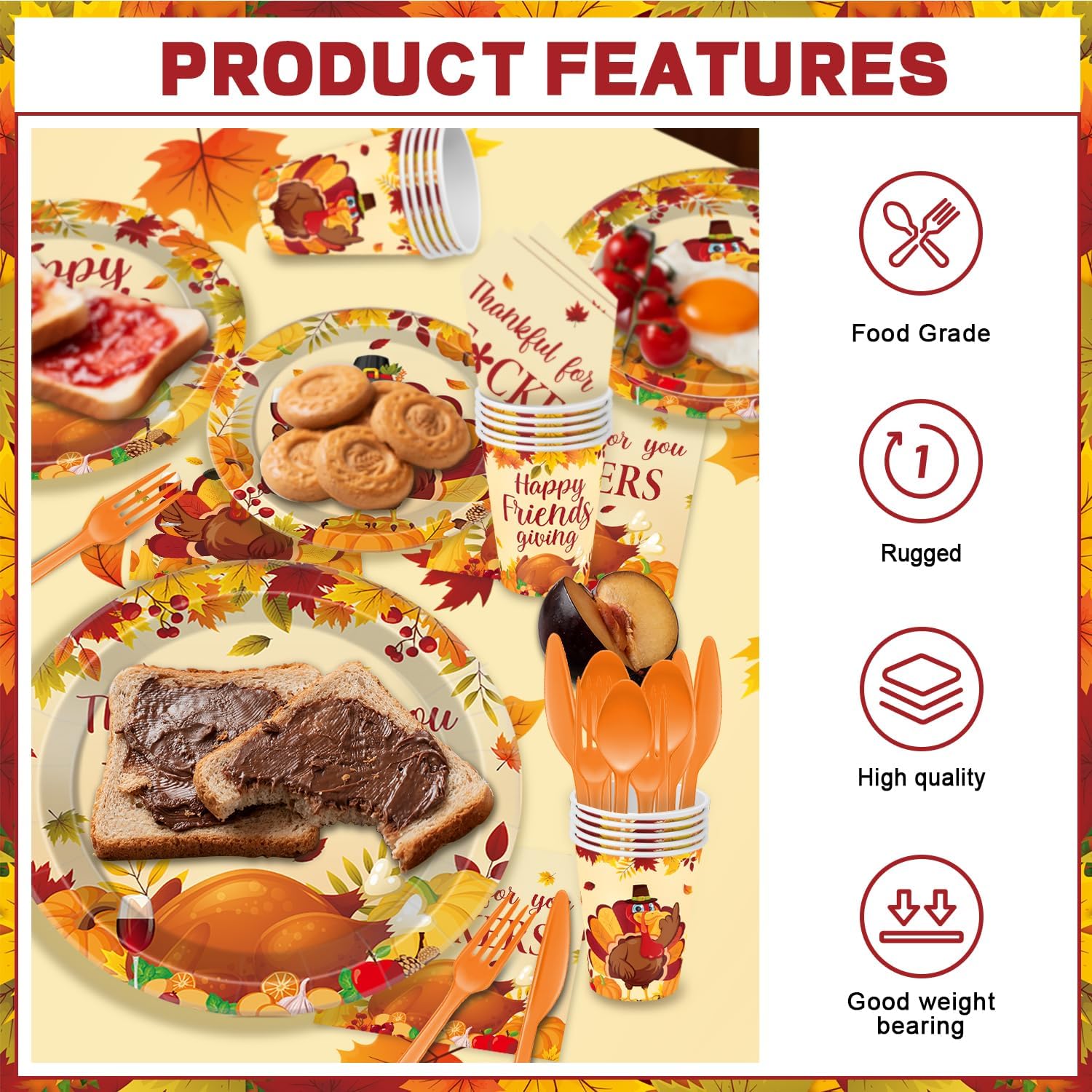 Thankful for You Tableware Thanksgiving Plates and Napkins Sets, Friendsgiving Party Disposable Dinnerware Paper Supplies, Thanksgiving Party Decorations Plastic Tablecloth, Serves 24
