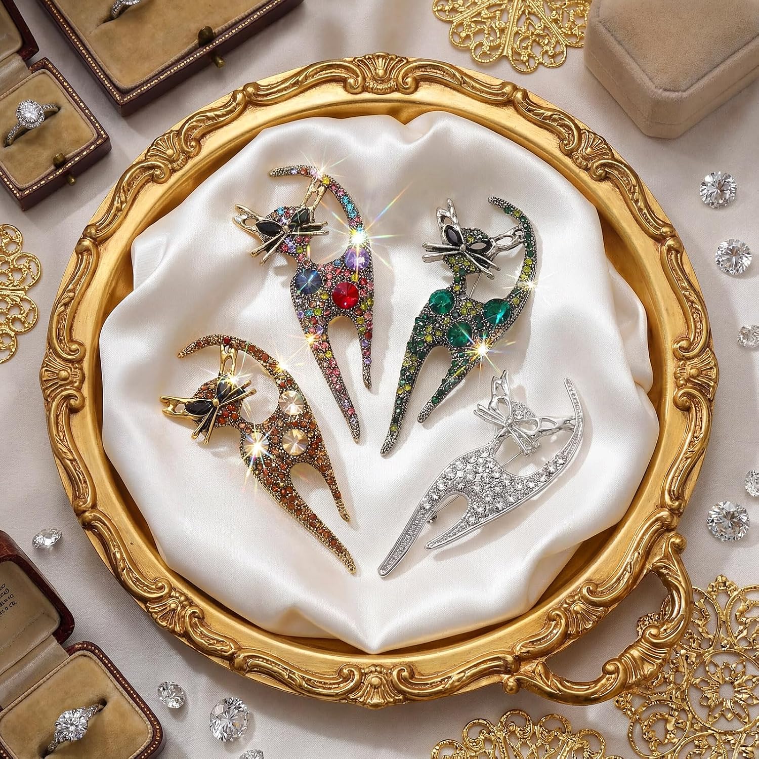 Highergo 4 Pcs Cat Rhinestone Brooch Pin for Women Bling Lapel Pins