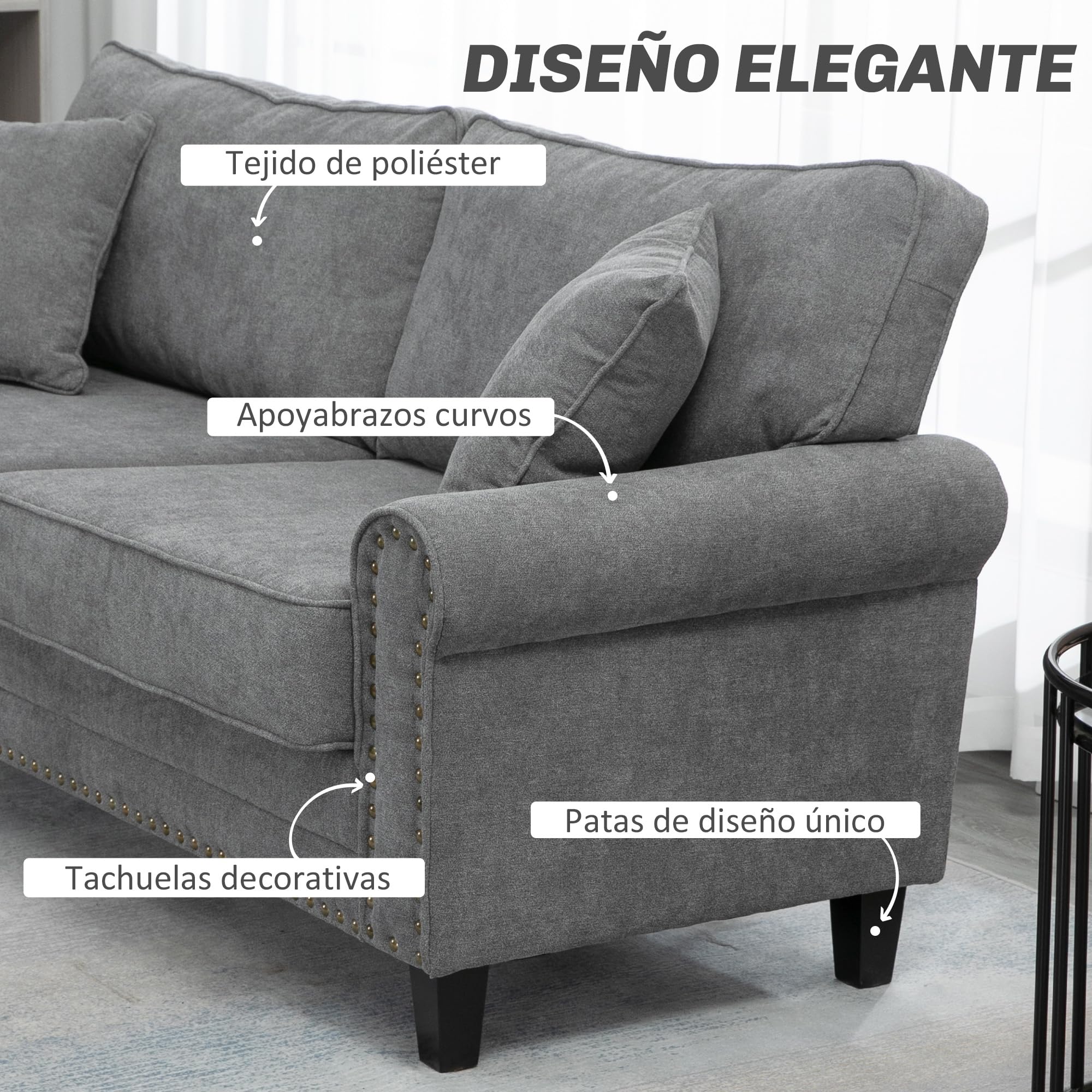 HOMCOM Sofá de 3 Plazas Sofá de Salón Estilo Moderno 196x80,5x89 cm Gris | Tapizado en Poliéster, con 2 Cojines, Ribete de Cabeza de Clavo, Patas de Madera de Caucho