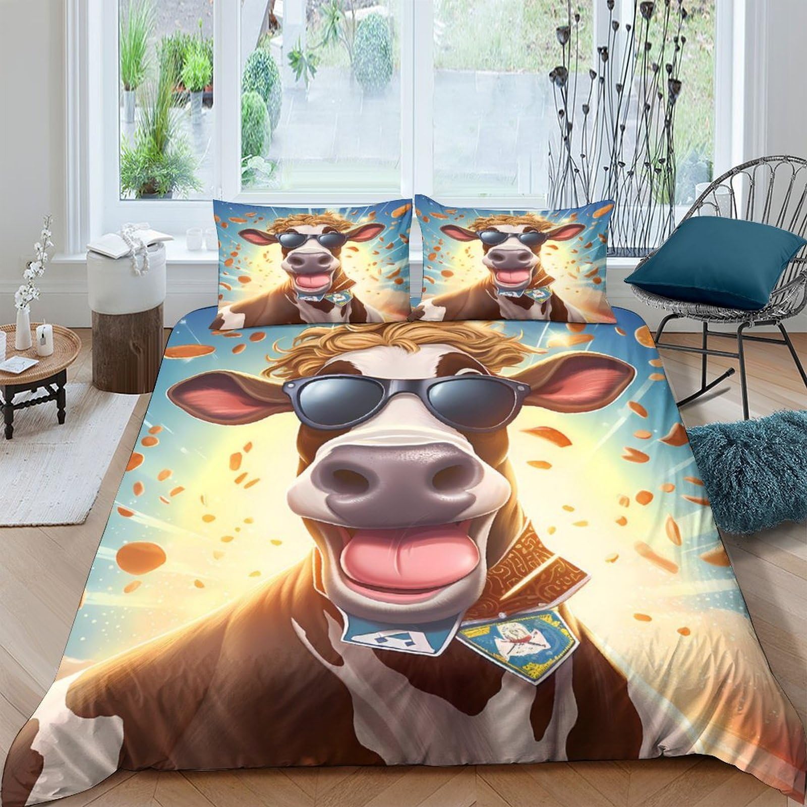 Ctjqhvkz Style-5 3D Printed Cool Cow Fitted Sheet Microfiber Soft Cartoon Sunglasses Bed Cover For Adult Bedroom Dorm Mattress Decor Single（135X200cm）