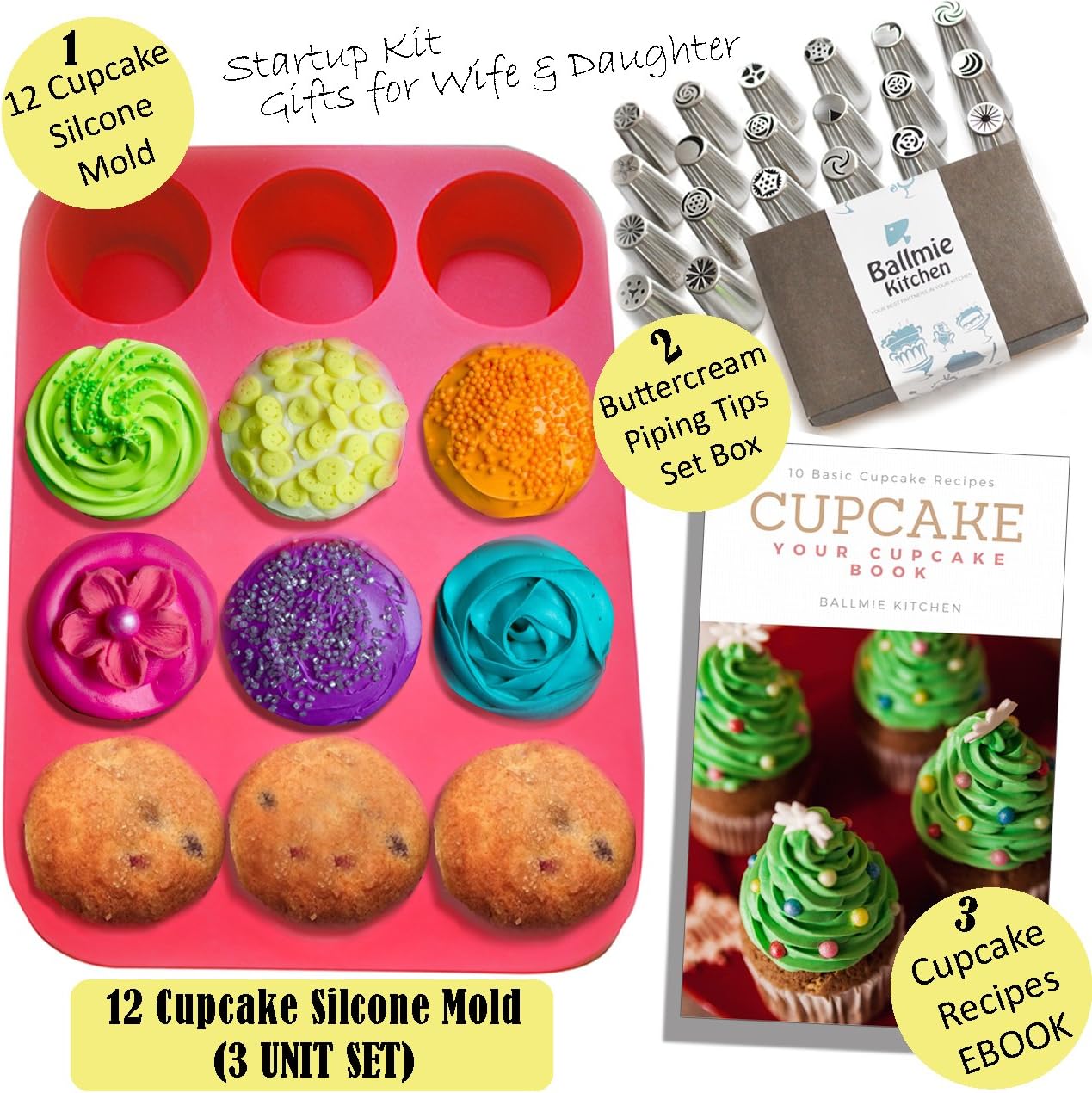 Ballmie Christmas Cupcake Muffin Cupcake Baking Mold set, cupcake pan,Piping tips & Cupcake recipe ebook,Icing Nozzles silicone cupcake liners Thanksgiving mold Christmas cupcake(12 Cupcake)