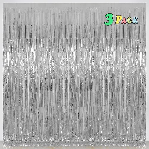 Cortinas de flecos de papel de aluminio para decoración de Navidad, paquete de 3 cortinas de oropel de 3.2 x 8.2 pies, telón de fondo para fotos de