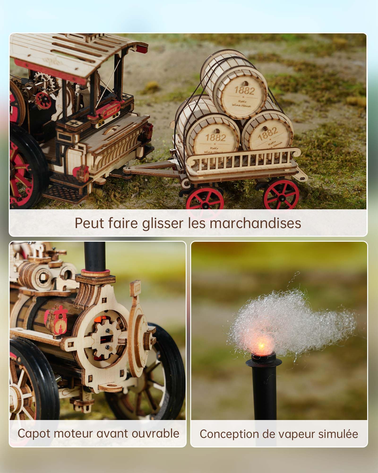 ROKR Puzzle 3D Voiture Bois, Maquette en Bois a Construire Maquettes de Locomotives à vapeur Puzzle en bois de voiture, 469 pièces, Steam Locomotive, LKA01