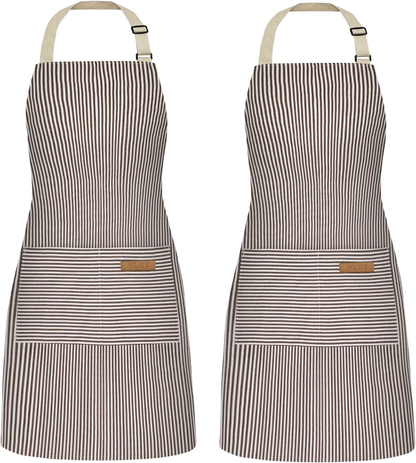 NLUS 2 Pack Cooking Aprons for Women with Pockets, Adjustable Kitchen Bib Aprons Chef Aprons for Women Men(Brown Pinstripes)