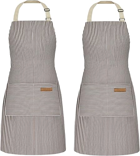 NLUS Paquete de 2 delantales de cocina para mujeres con bolsillos, delantales de cocina ajustables, delantales de chef para mujeres y hombres (rayas