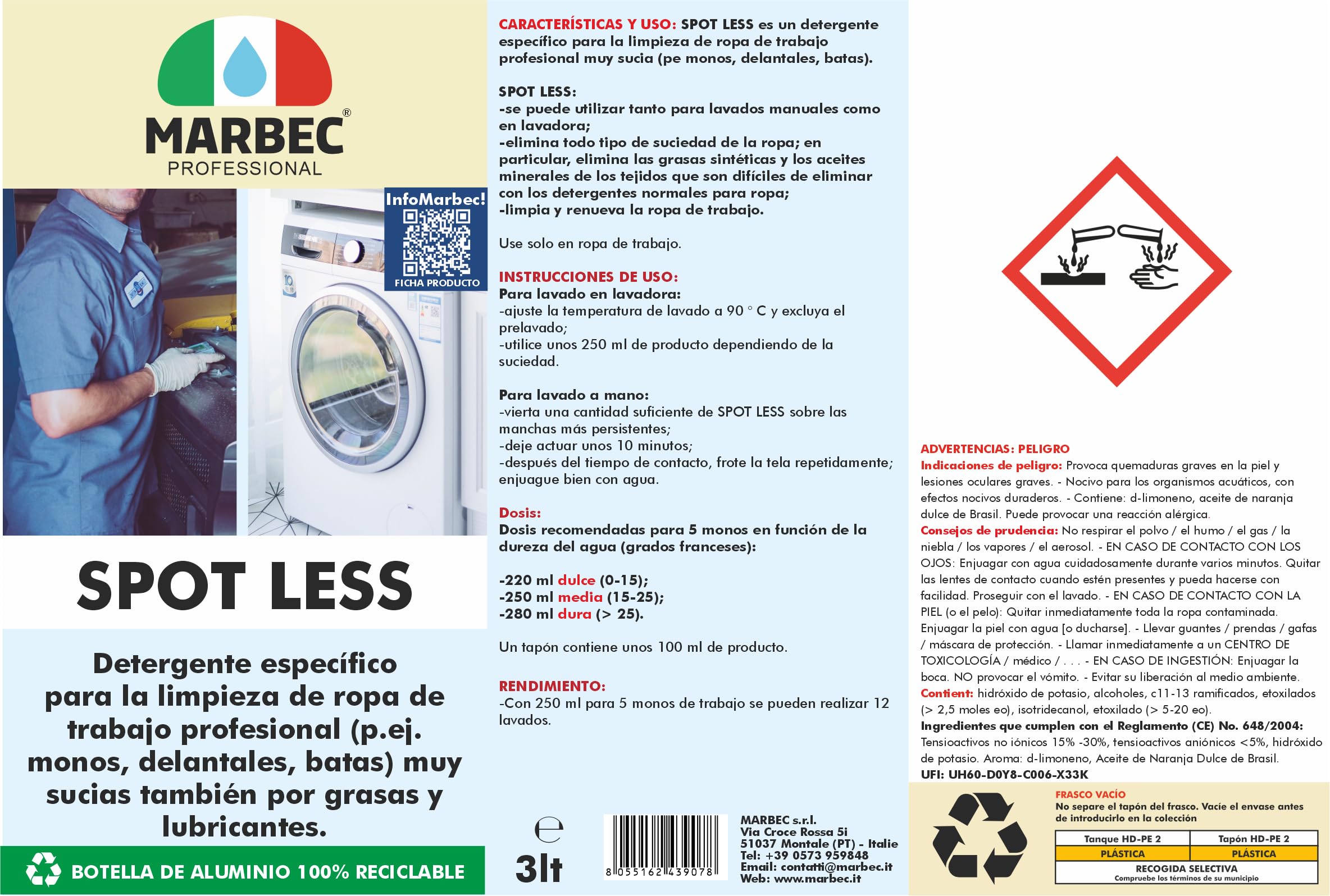 MARBEC SPOT LESS 3LTX4UDS Detergente específico para la limpieza de ropa de trabajo, especialmente los muy sucios por grasas y lubricantes.