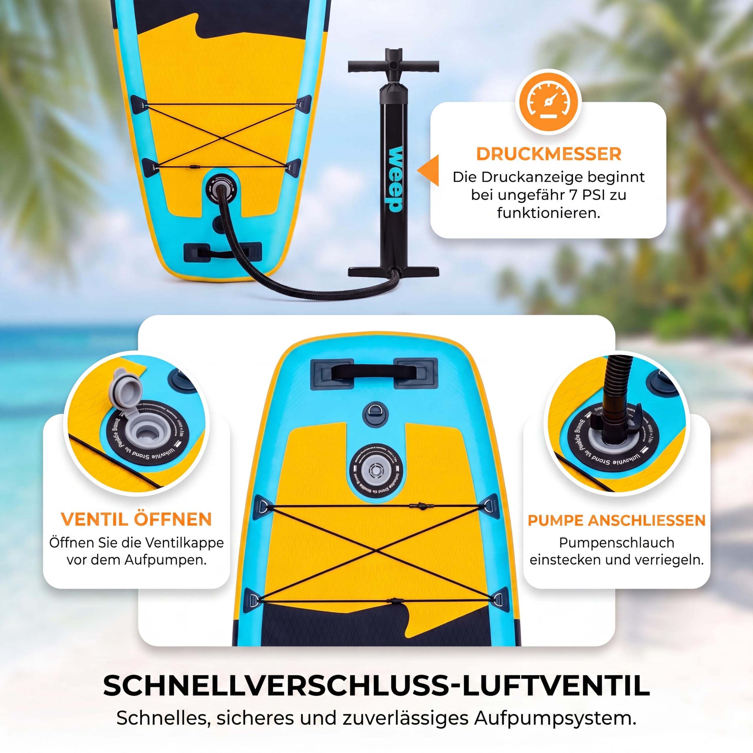 weep Stand Up Padding Board aufblasbar 365cm & 350cm & 320cm, SUP Board - mit 2in1 Aluminium Paddel, Pumpe, Rucksack, Leash, 3 Finnen, stabiles Paddle Board Komplettset - für Touring, Yoga & Freizeit