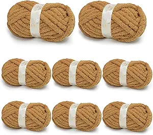 Chunky Yarn for Hand Knitting, Chunky Chenille Blanket Yarn for Crocheting, Bulky Soft Fluffy Chenille for Blanket Project, 8 Pack of 8oz/25yds, Brown